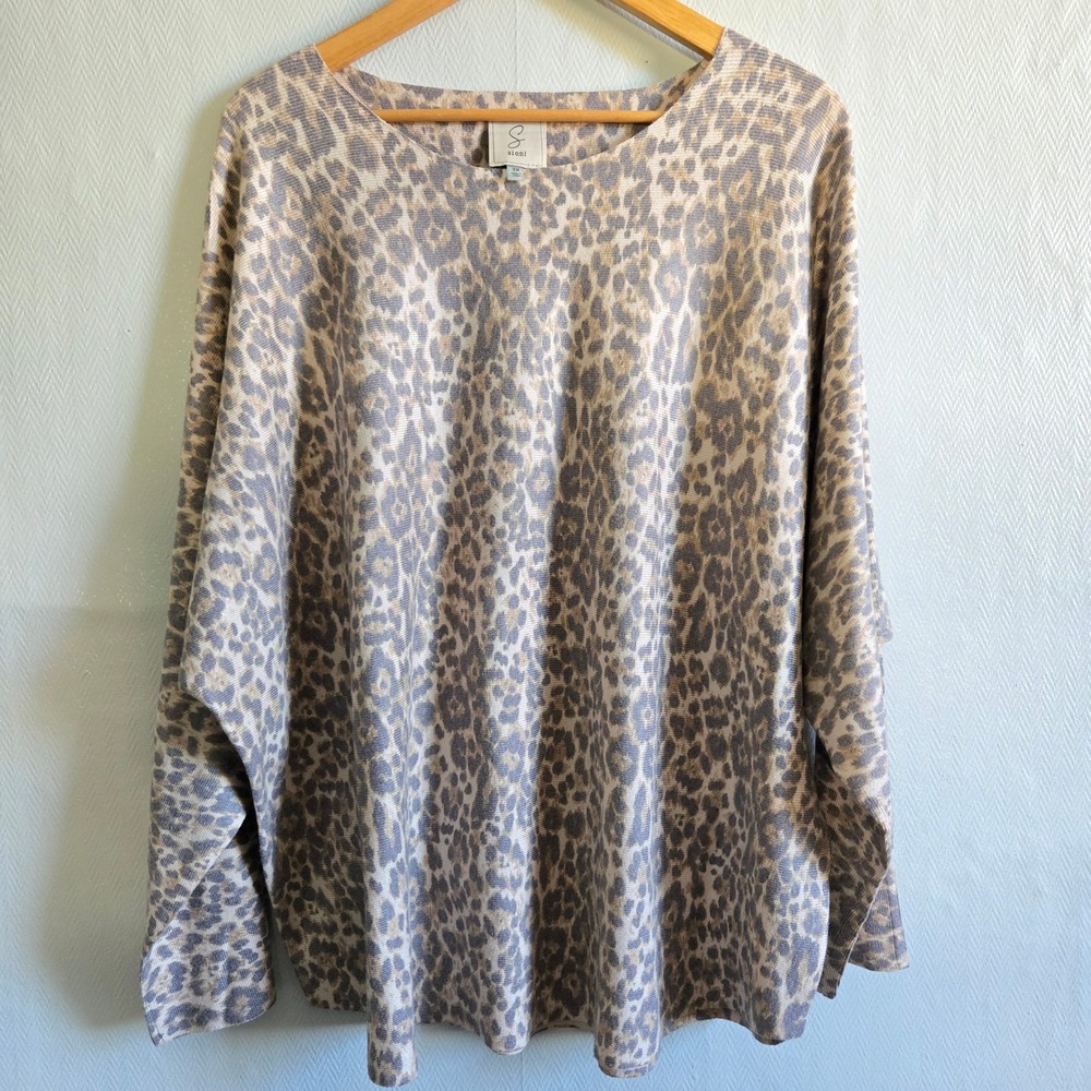 Sioni Dolman Sleeve Leopard Print Knit Sweater Top Gray Tan Mob Wife 3X